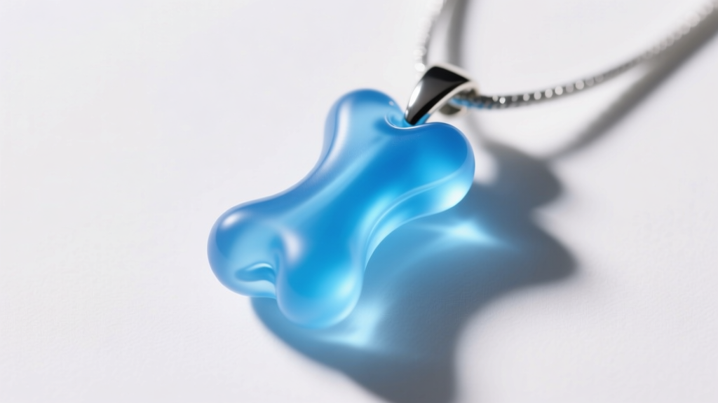 Close-up of translucent blue platinum-cured silicone chew pendant showing smooth, non-porous texture under bright studio lighting.