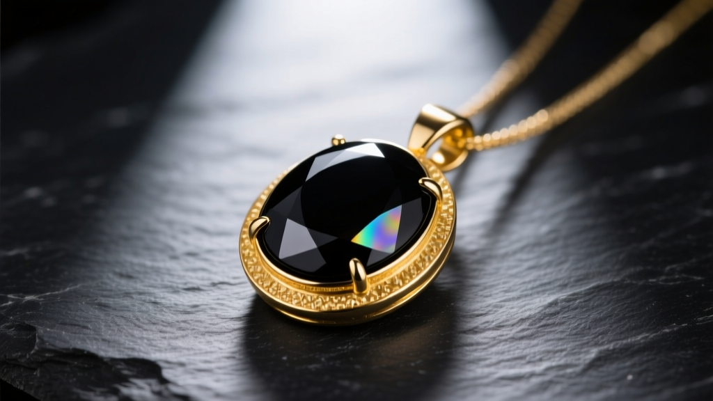 Macro shot of a polished black onyx cabochon set in a heavy 18k yellow gold bezel pendant, resting on dark slate, studio lighting