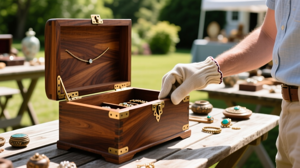 Buyer examining dovetail joints of a large vintage wood jewelry box at an outdoor estate sale on a bright and sunny afternoon.
