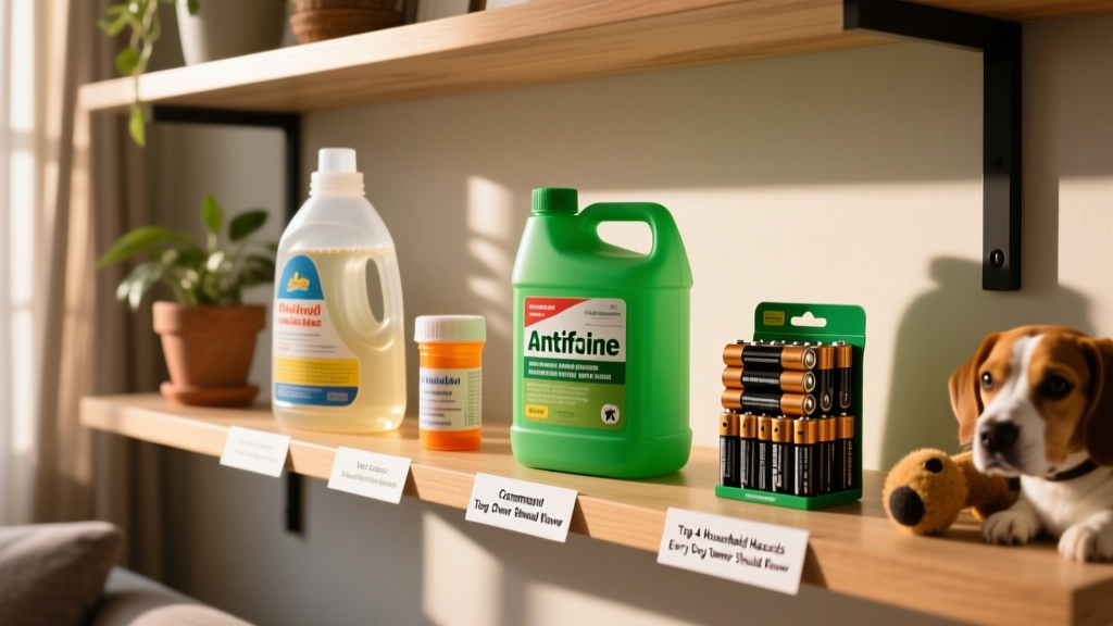 A labeled collage showing common toxic household items: detergent bottle, pill bottle, antifreeze container, and battery pack—all placed securely on a high shelf