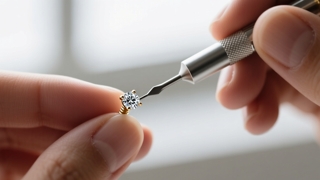 Close-up of hands using a micro-screwdriver to tighten a threaded 20-gauge white gold screw back onto a diamond stud earring post