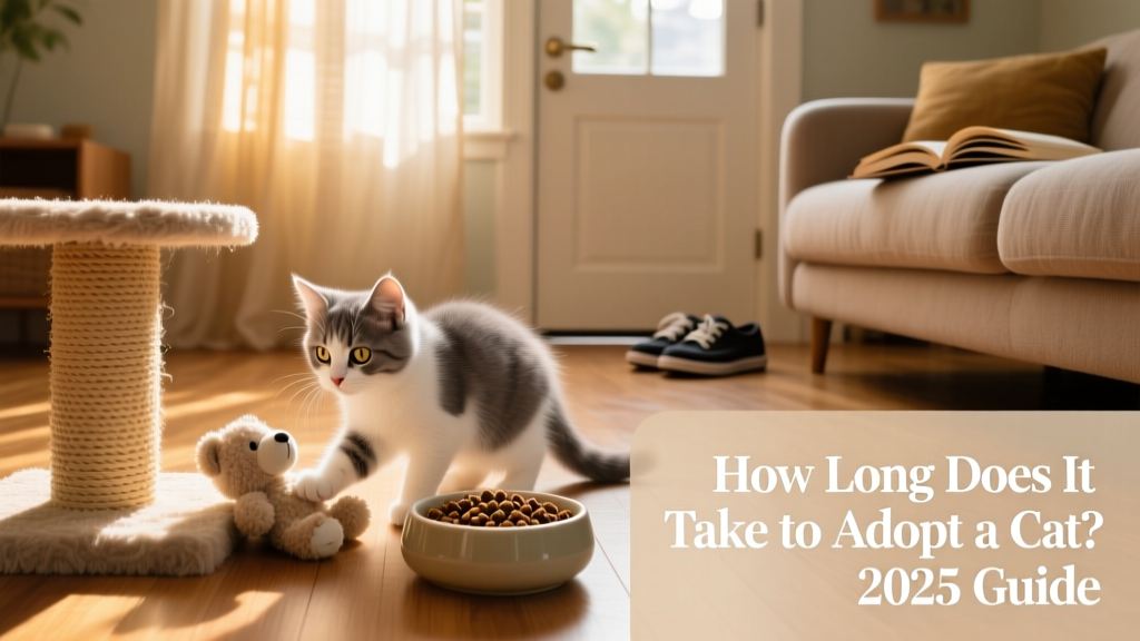 A cozy indoor scene: a newly adopted cat exploring a quiet living room with toys, a scratching post, and a filled food bowl nearby