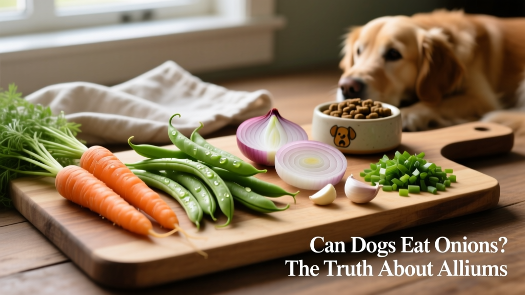 Side-by-side comparison: safe dog-friendly vegetables (carrots, green beans) versus unsafe Allium family foods (onion, garlic, chives)