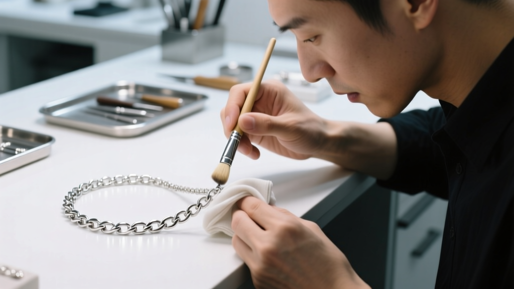 Jeweler using a soft brush and cloth to restore the high-shine finish of a platinum chain necklace under bright workshop lighting.