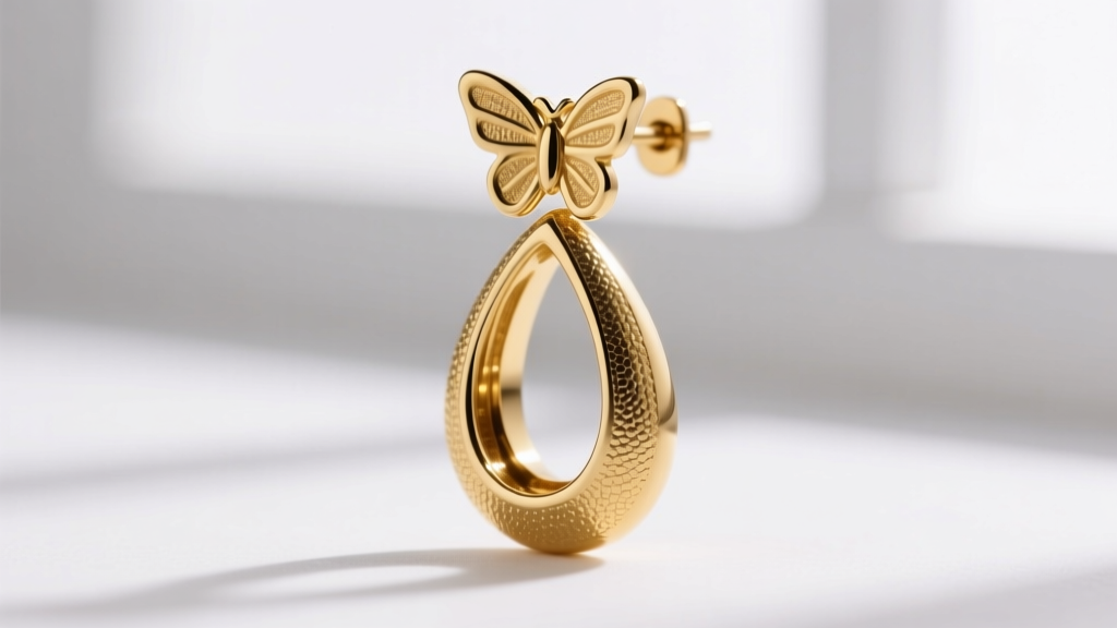 Macro shot of a 20-gauge gold vermeil teardrop earring post and butterfly backing, showing plating thickness and friction details.