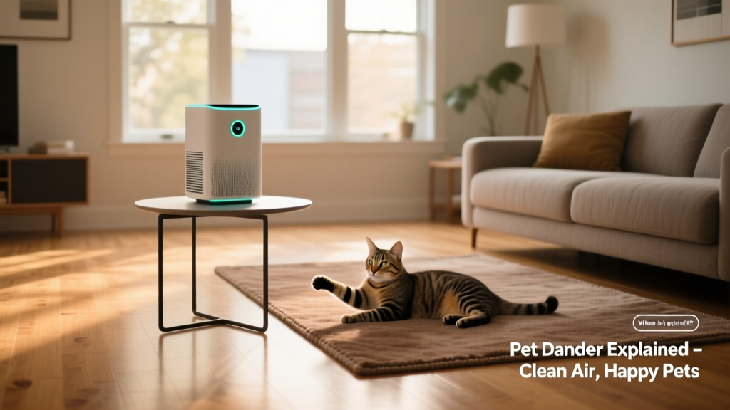 A modern living room with hardwood floors, a sleek air purifier on a side table, and a cat resting nearby on a washable rug