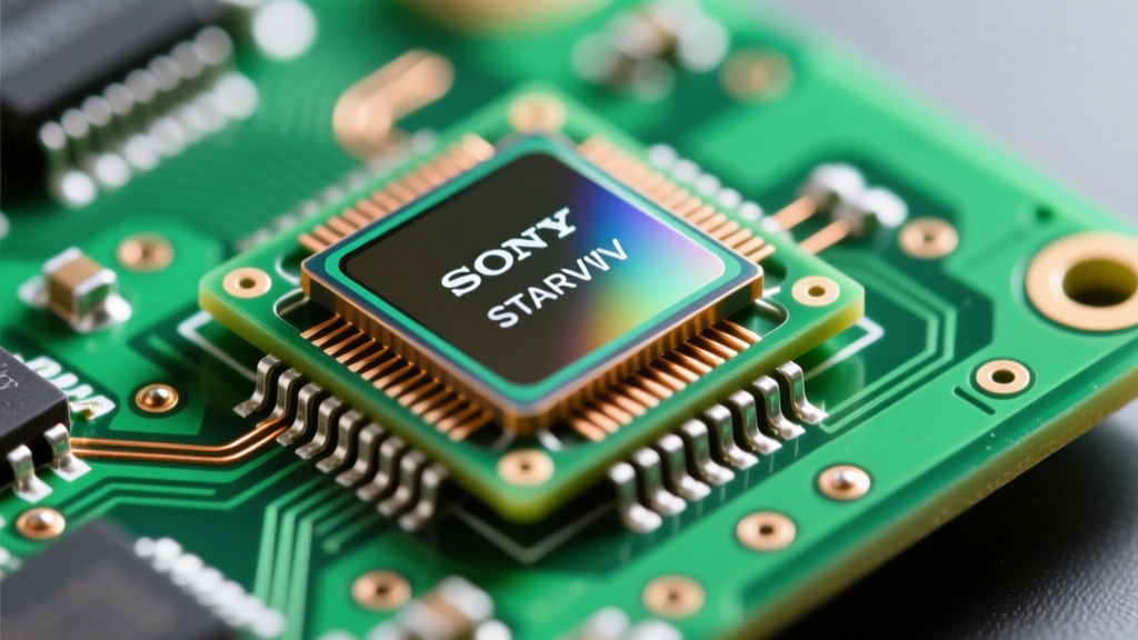 Macro shot of dash cam internal supercapacitor and Sony STARVIS image sensor soldered on green printed circuit board