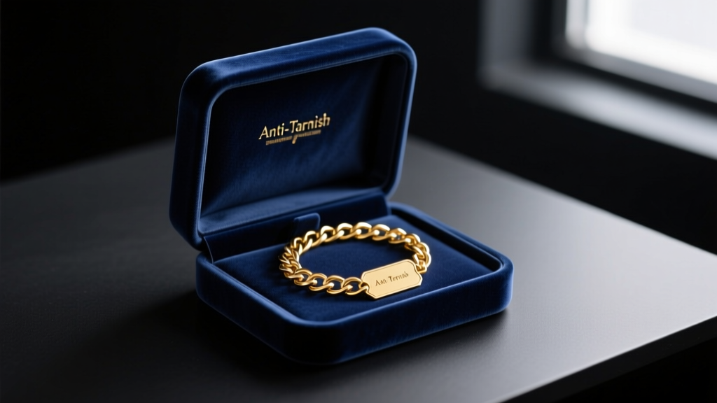 Open anti-tarnish velvet jewelry box holding a coiled gold chain nameplate necklace in a dark, dry, climate-controlled room.