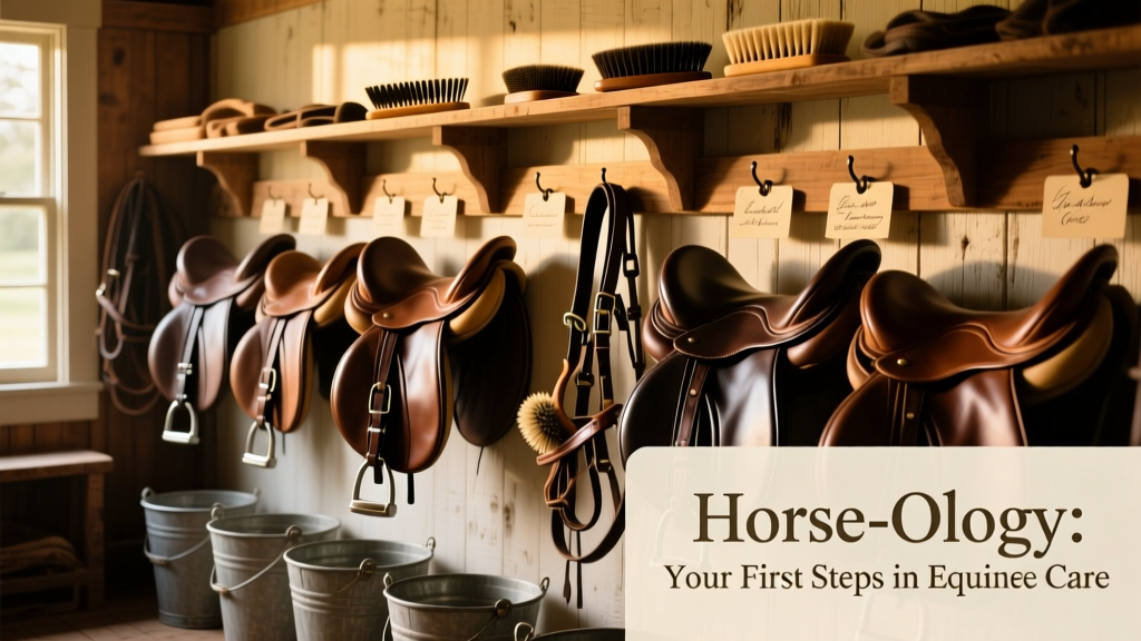 A neatly organized tack room with saddles, bridles, and grooming supplies displayed on wall hooks