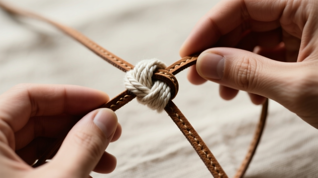 Overhead view of hands tying a sliding macrame knot on a 1.5mm suede leather cord, highlighting the detailed cotton thread wraps.