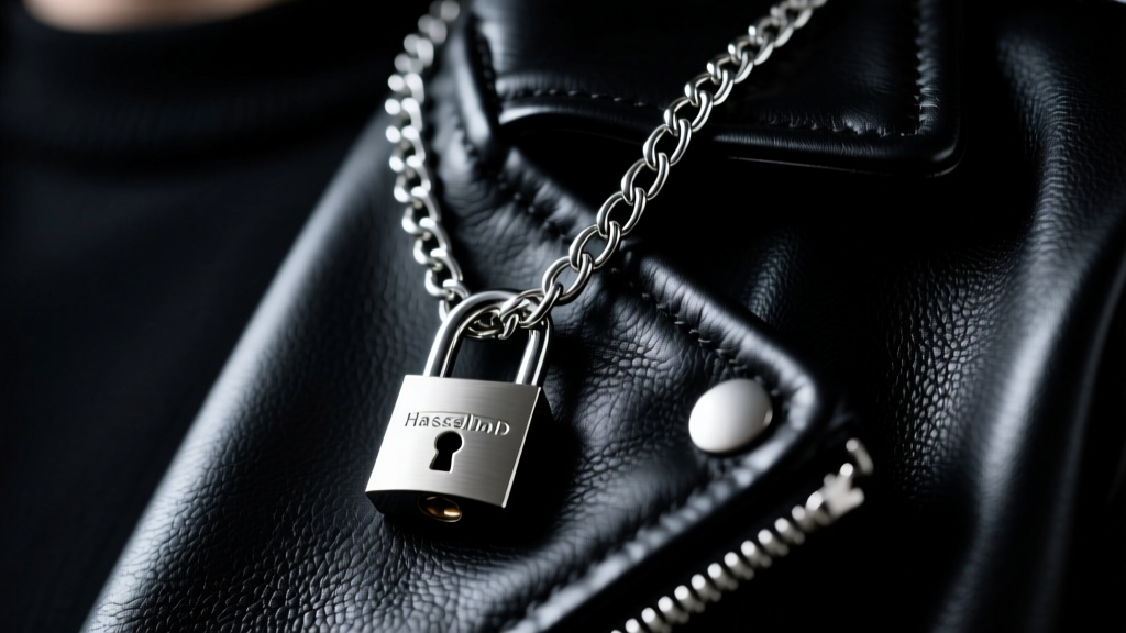 Macro shot of a 5mm silver curb chain and padlock pendant resting on a black leather jacket lapel under moody studio lighting.