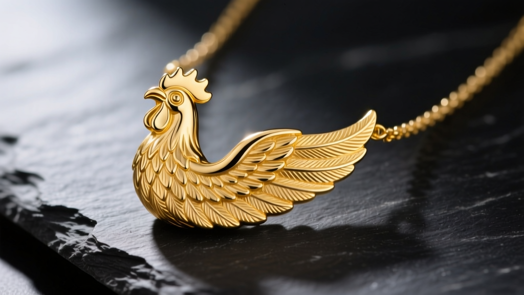 Close-up of a highly detailed 14k yellow gold chicken wing pendant necklace resting on dark slate, highlighting crispy texture