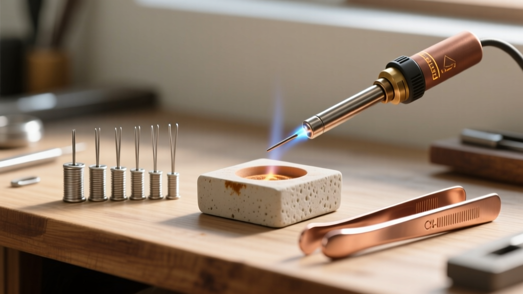 Polished workbench displaying wire gauges, micro-torch, copper tongs, and ceramic soldering block for fine jewelry metalworking