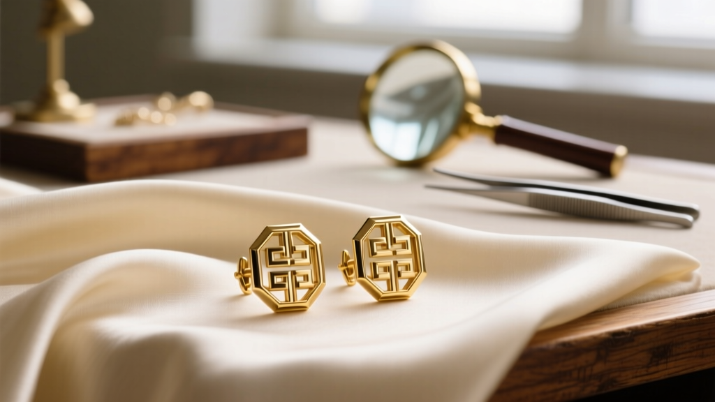 Vintage 1980s Givenchy gold-plated brass clip-on earrings on cream silk next to a jeweler's loupe and guide book.