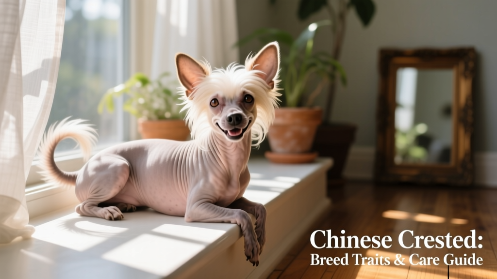 A smiling Chinese Crested dog sitting on a sunlit windowsill, showing its hairless body and fluffy crest and tail