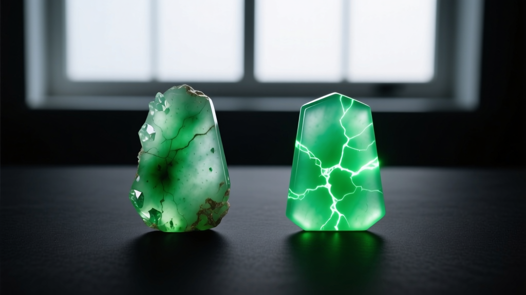 Gemological comparison of Type A untreated antique jadeite and polymer-impregnated Type B jade glowing under long-wave UV light.
