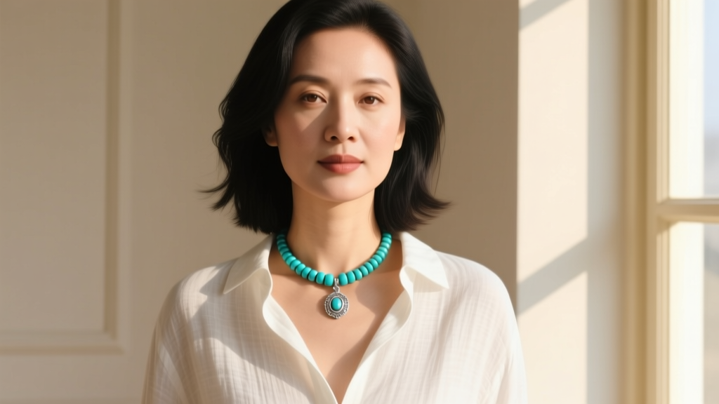 Woman wearing a vintage turquoise heishi choker and silver pendant, styled with a white linen shirt in bright natural daylight.
