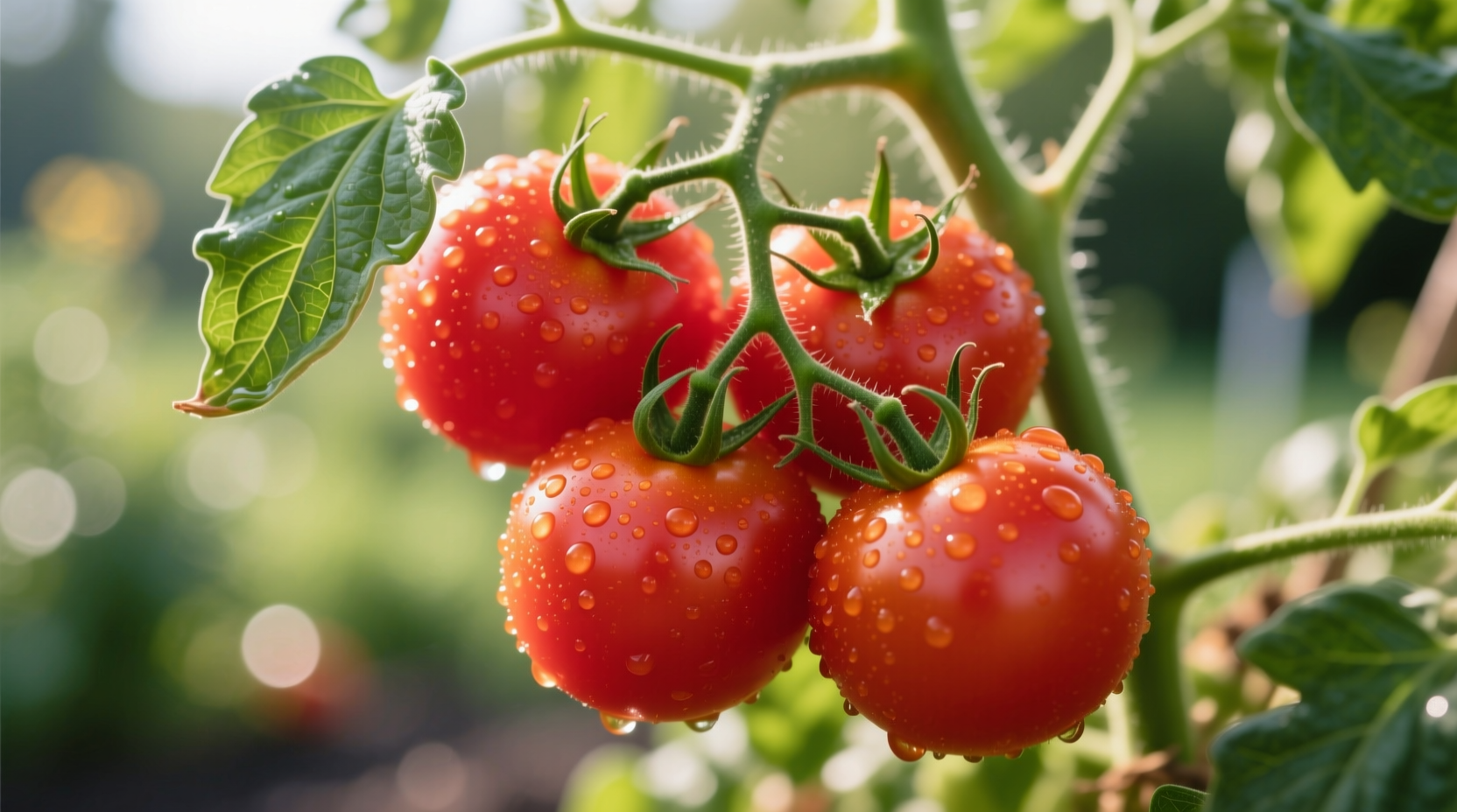 Fresh red tomatoes still attached to vine with leaves