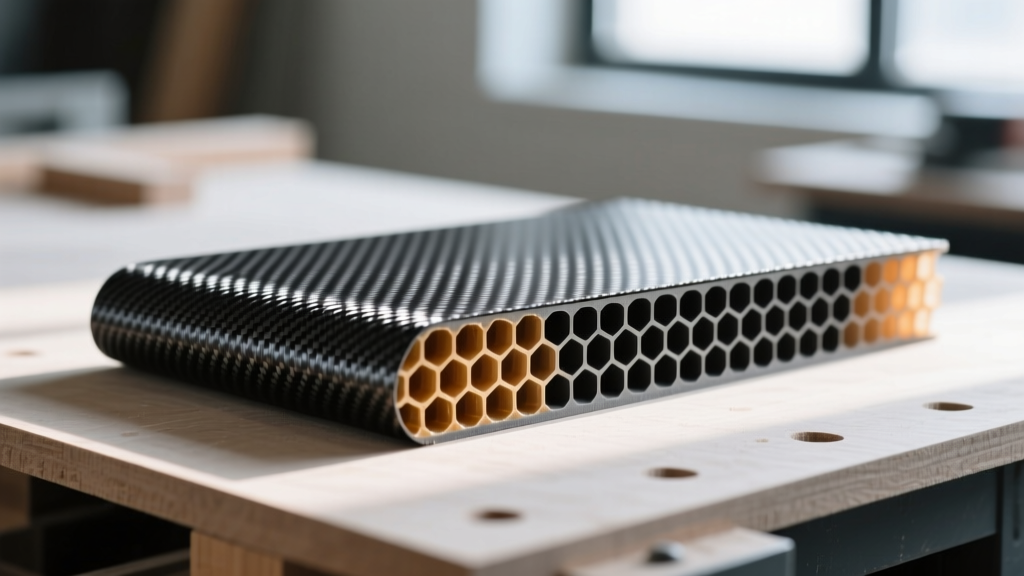 Macro photography of exposed polypropylene honeycomb core and raw carbon fiber weave on a workbench during composite paddle manufacturing