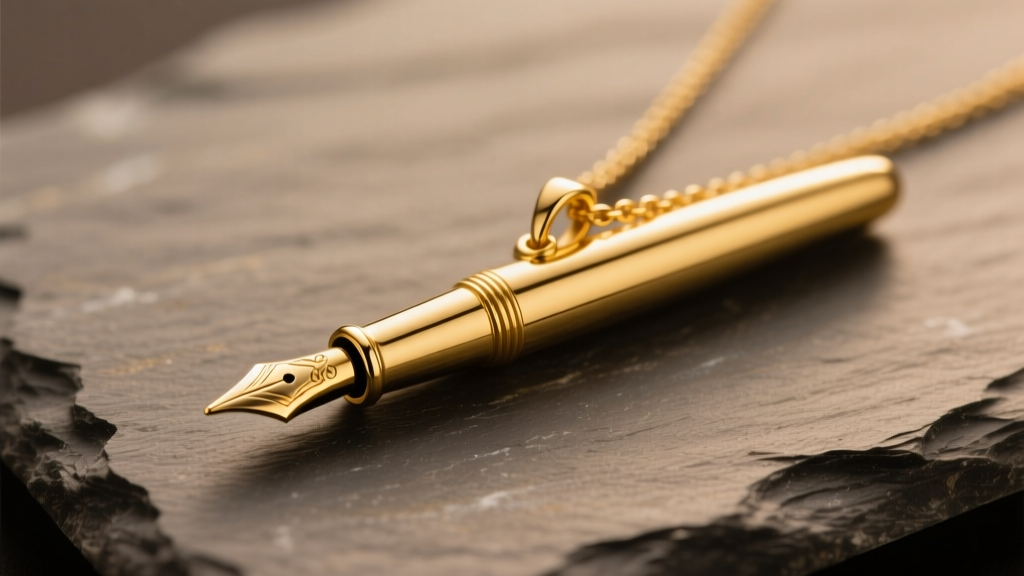 Macro view of an 18k gold pen necklace pendant on slate, showing the engraved nib and polished barrel under soft studio lighting.