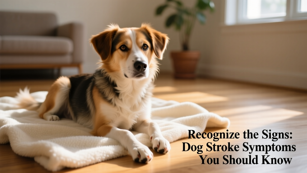 A calm, attentive dog resting on a soft blanket, looking slightly off-balance but alert