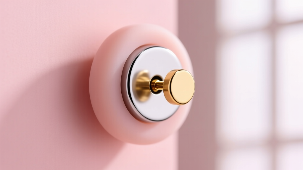 Magnetic earring back encased in medical silicone attached to a gold stud, photographed against a soft blush pink backdrop
