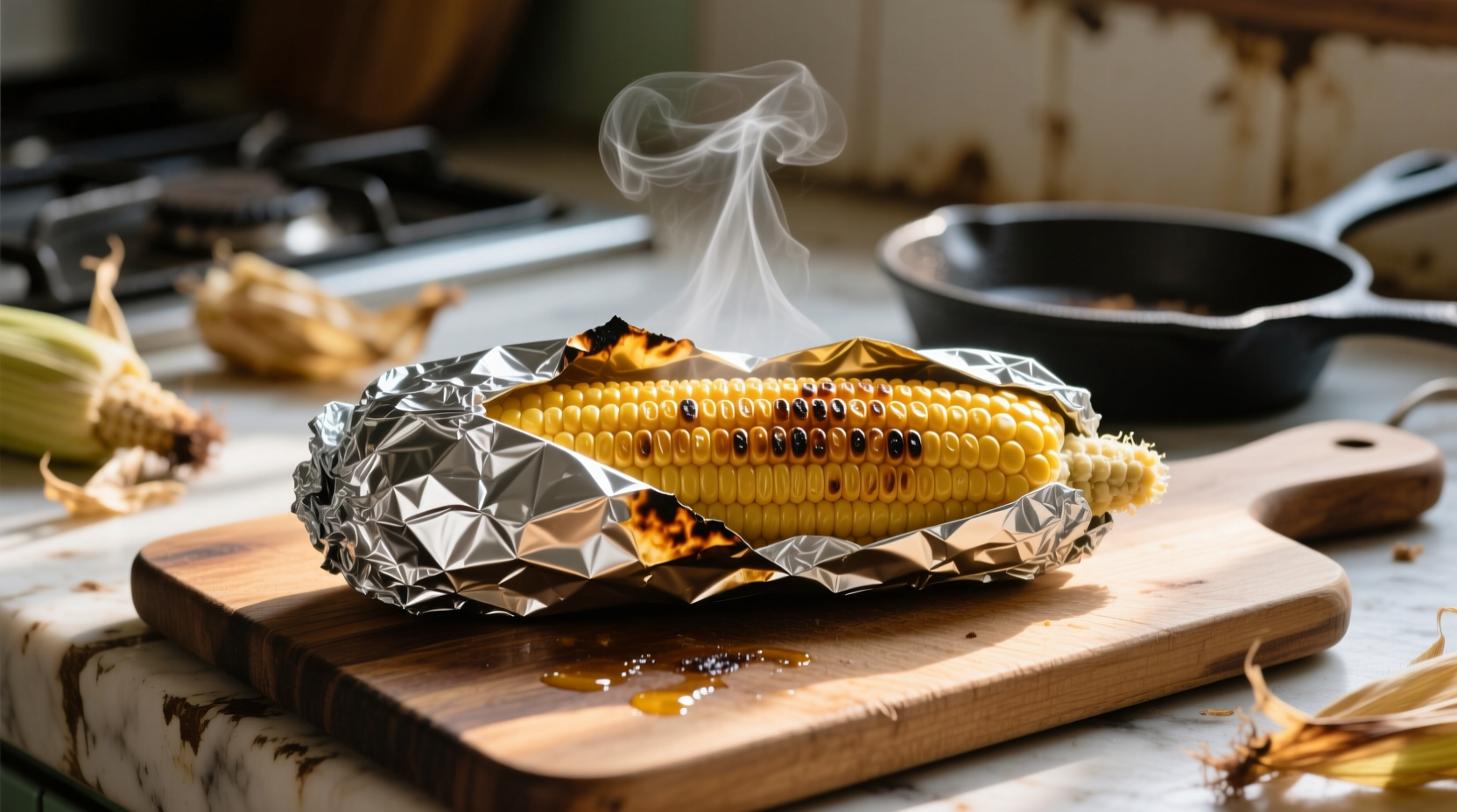 Fresh corn roasting in aluminum foil