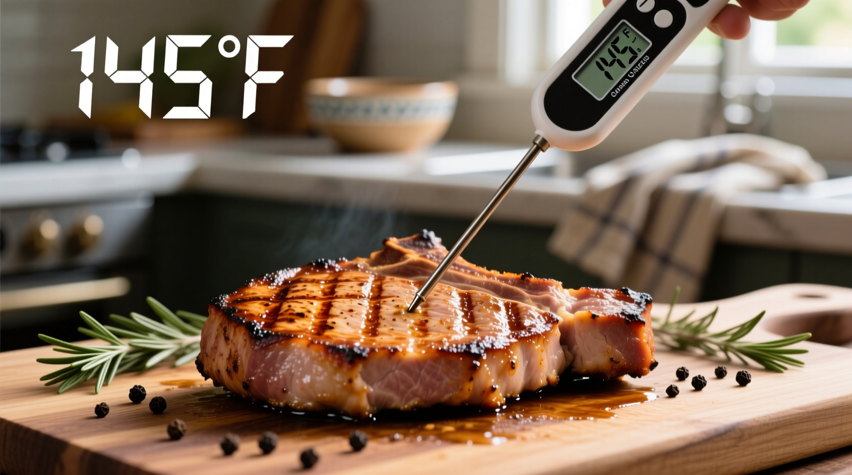 Digital thermometer measuring pork chop temperature