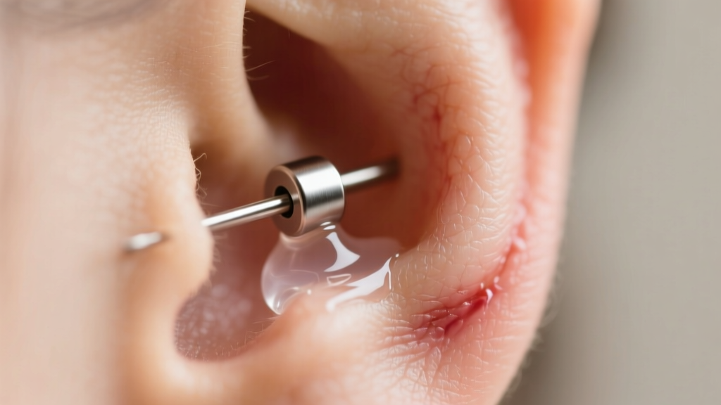 Macro photography of a healing earlobe piercing showing normal clear lymph fluid crusting around an implant-grade titanium labret
