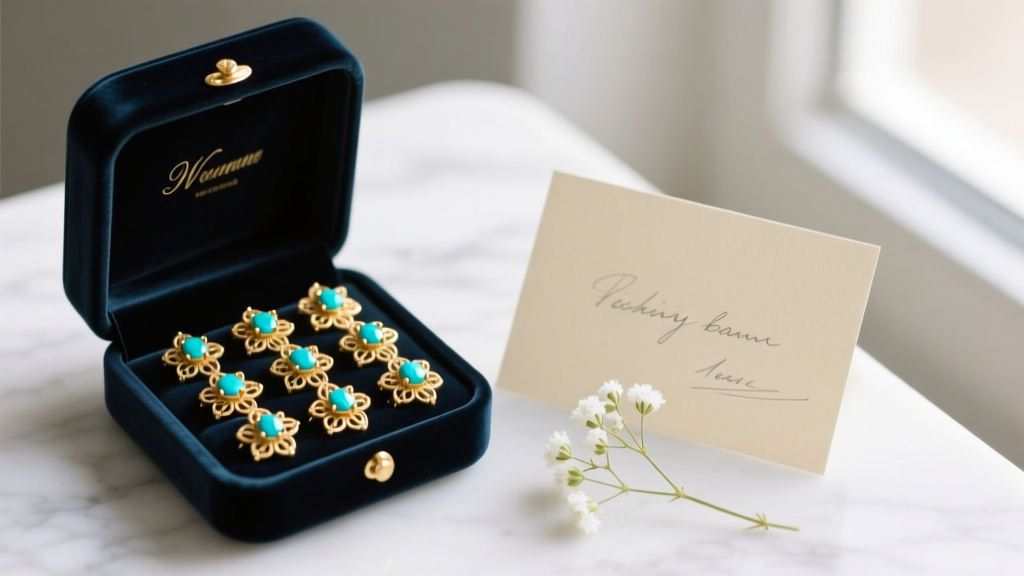 Open velvet box with 18k gold floral turquoise studs beside a handwritten note card and a sprig of white baby