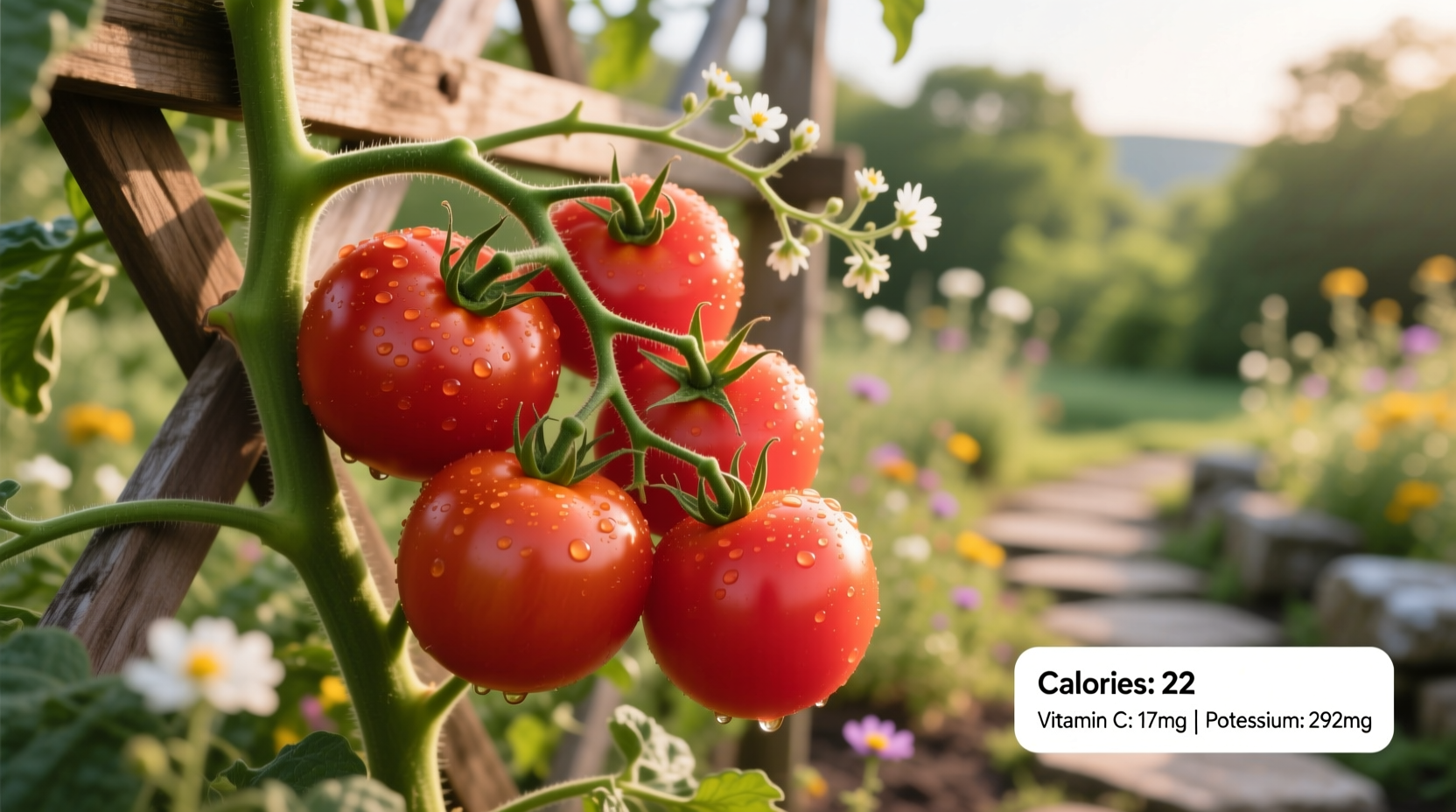 Fresh red tomatoes on vine with nutritional information