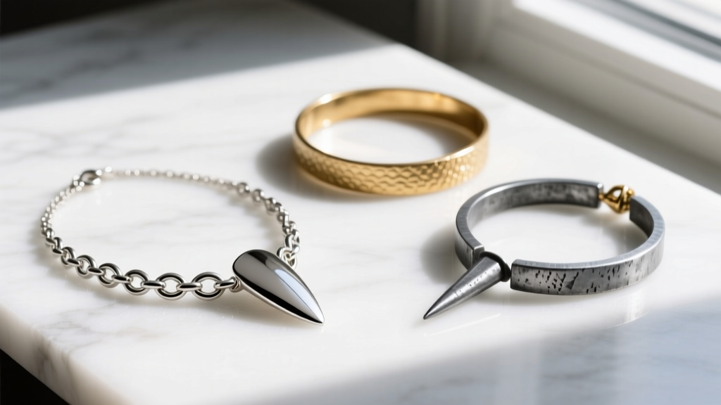 Flat lay of three nail necklaces: sterling silver cast, gold-plated brass, and raw galvanized steel nail on white marble surface.