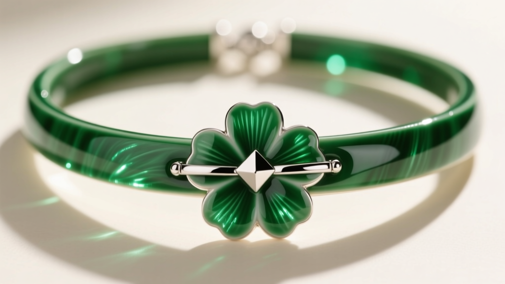 Macro shot of vitreous enamel floral choker necklace in emerald green, highlighting glass finish and sterling silver clasp.