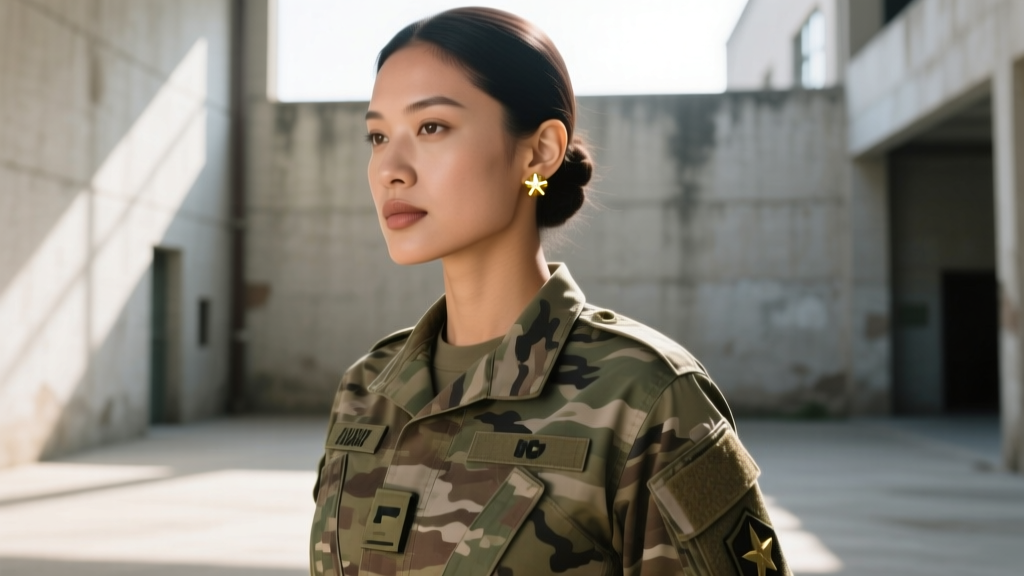 Female soldier in OCP uniform wearing 5mm gold spherical stud earring, soft light highlighting the small, compliant jewelry piece.
