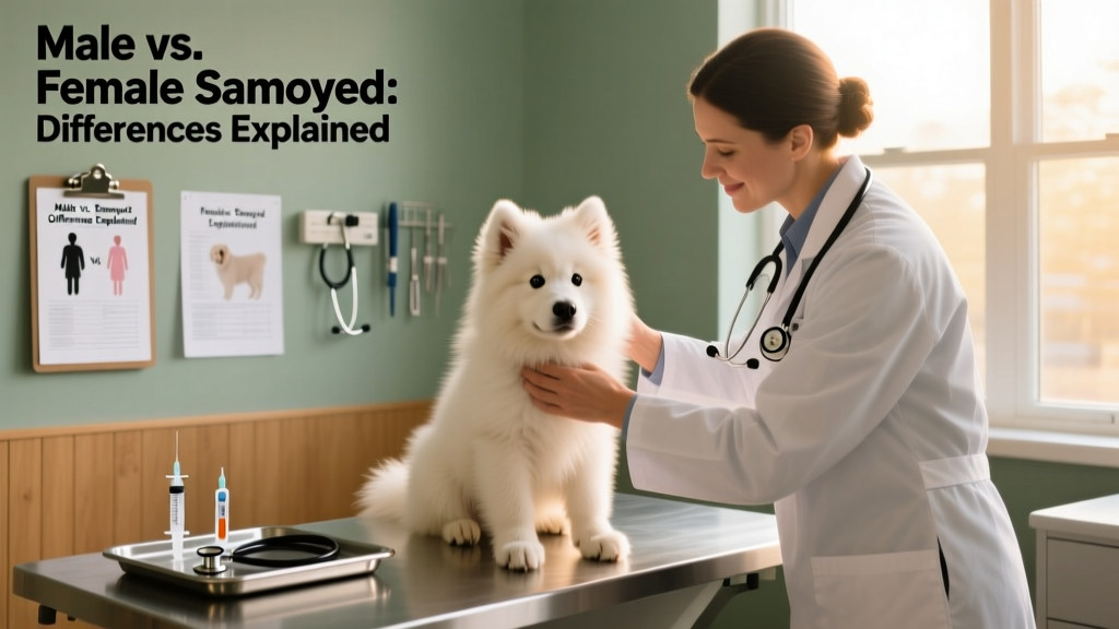 A veterinarian gently examining a young Samoyed puppy during a wellness checkup, with charts and tools visible in the background