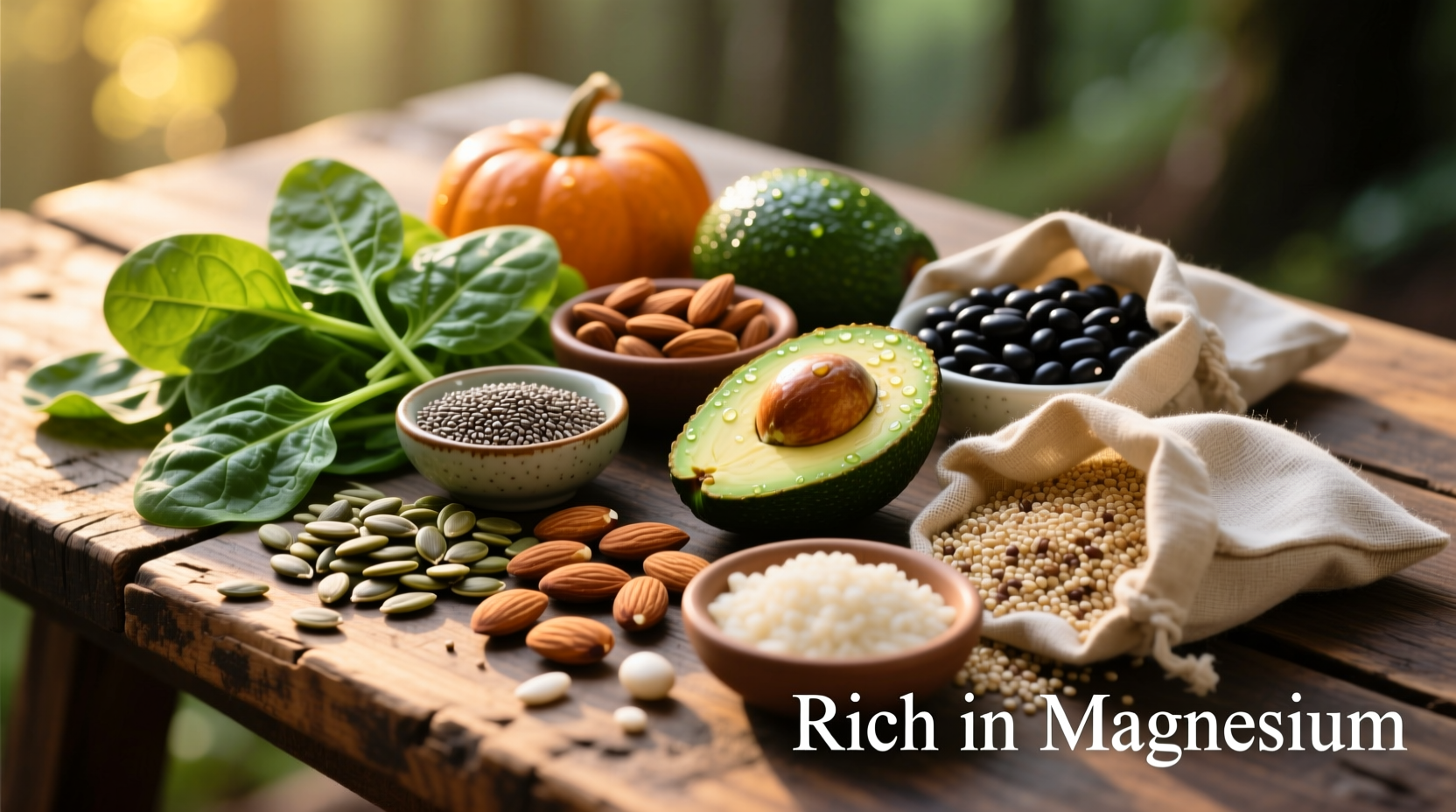 Colorful display of magnesium-rich foods on wooden table