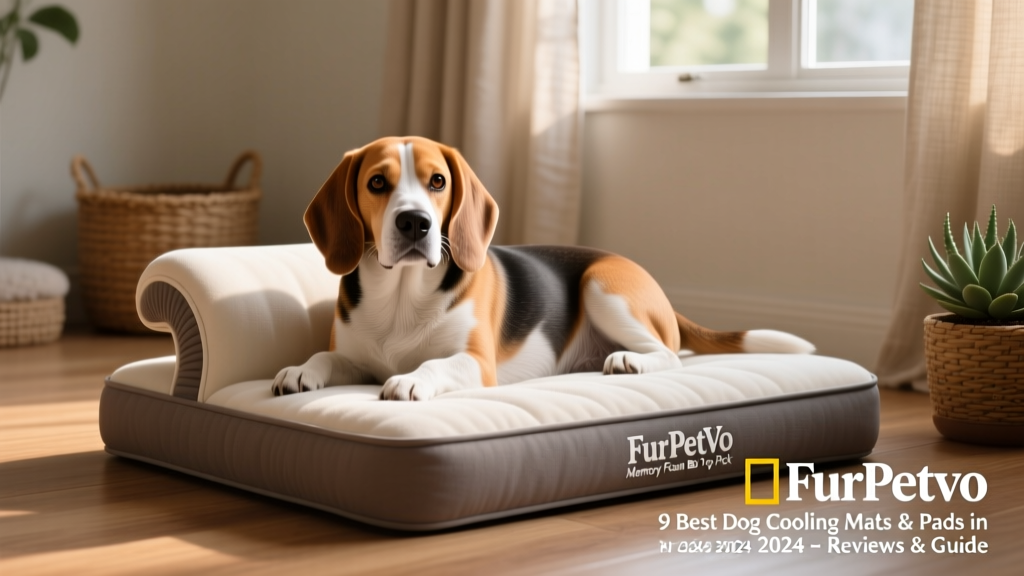 Senior beagle resting on FurPetVo memory foam bed with visible headrest