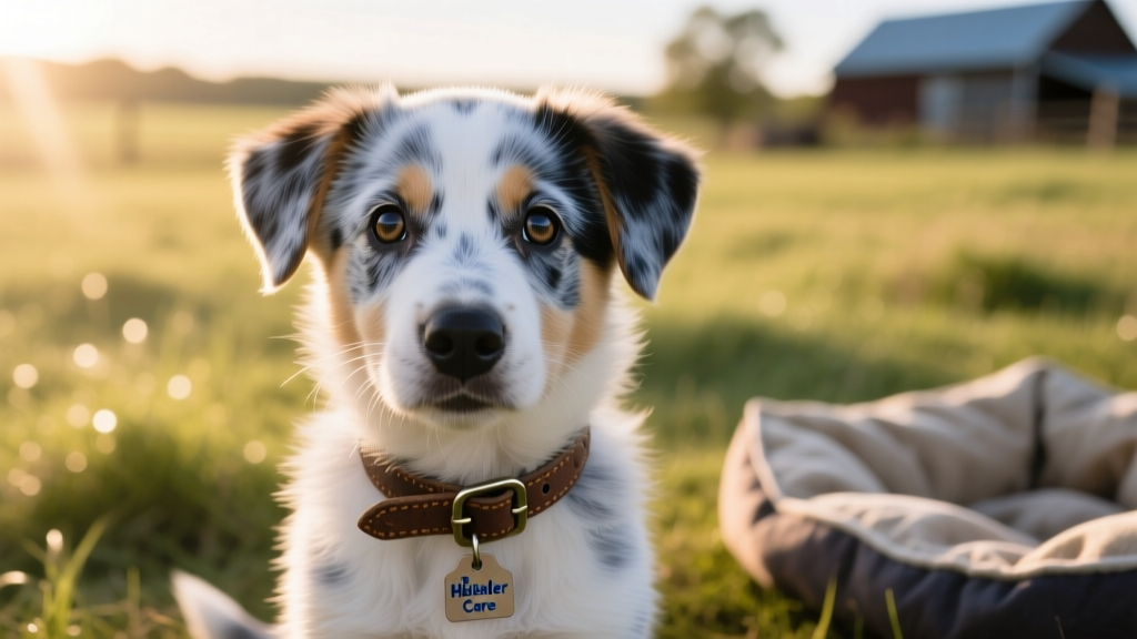 Close-up of a blue heeler puppy with soft white fur and bright, curious eyes