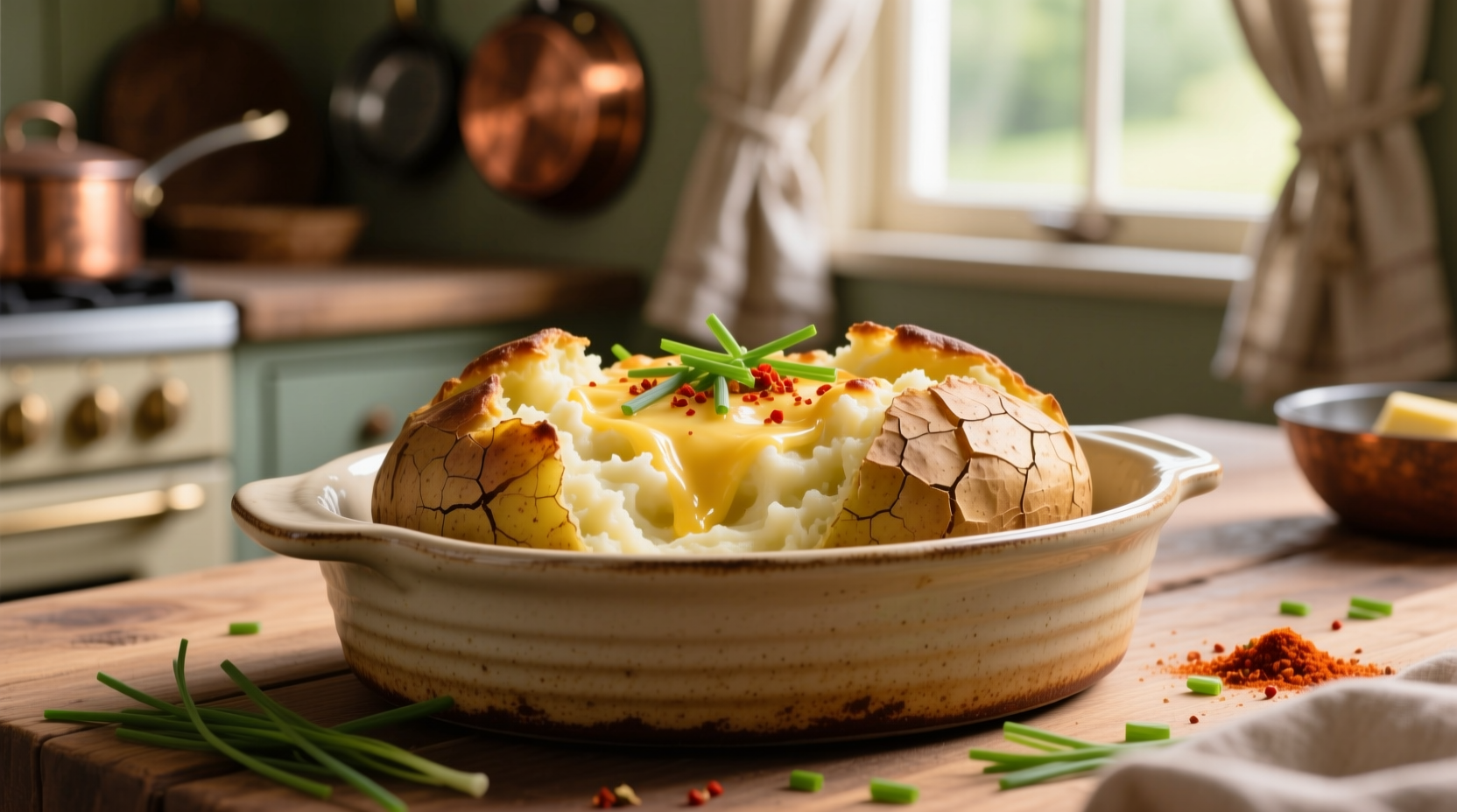 Creamy twice baked potatoes in baking dish