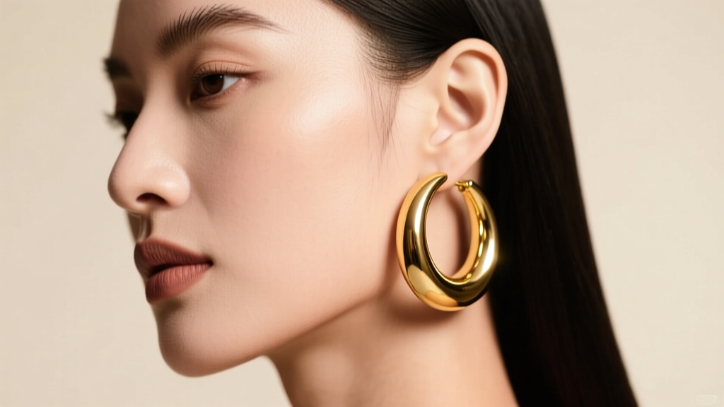 Profile of a woman wearing 40mm thick 18k gold hoop earrings, soft studio lighting highlighting the polished metal on her jawline.