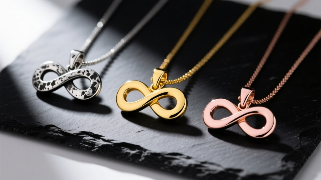 Macro shot of three infinity pendants in oxidized silver, 14k yellow gold, and rose gold, laid out on dark slate for contrast.