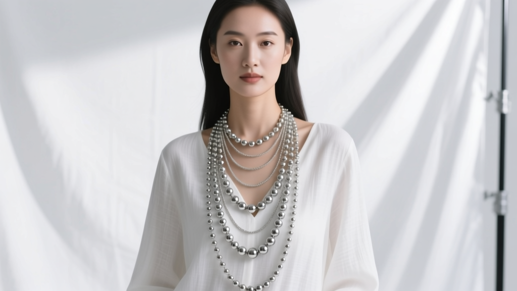 Woman wearing layered silver ball chains against a white linen top in soft light, showing distinct lengths and bead sizes clearly.
