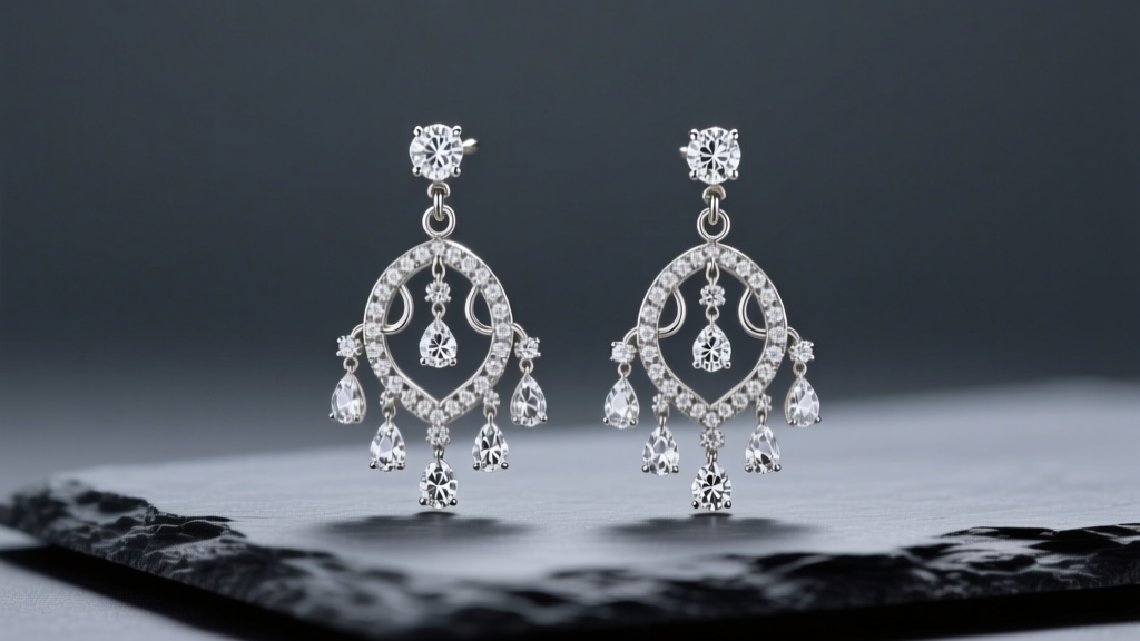 Macro shot of 18k white gold chandelier earrings with cascading diamonds resting on dark slate under studio lighting