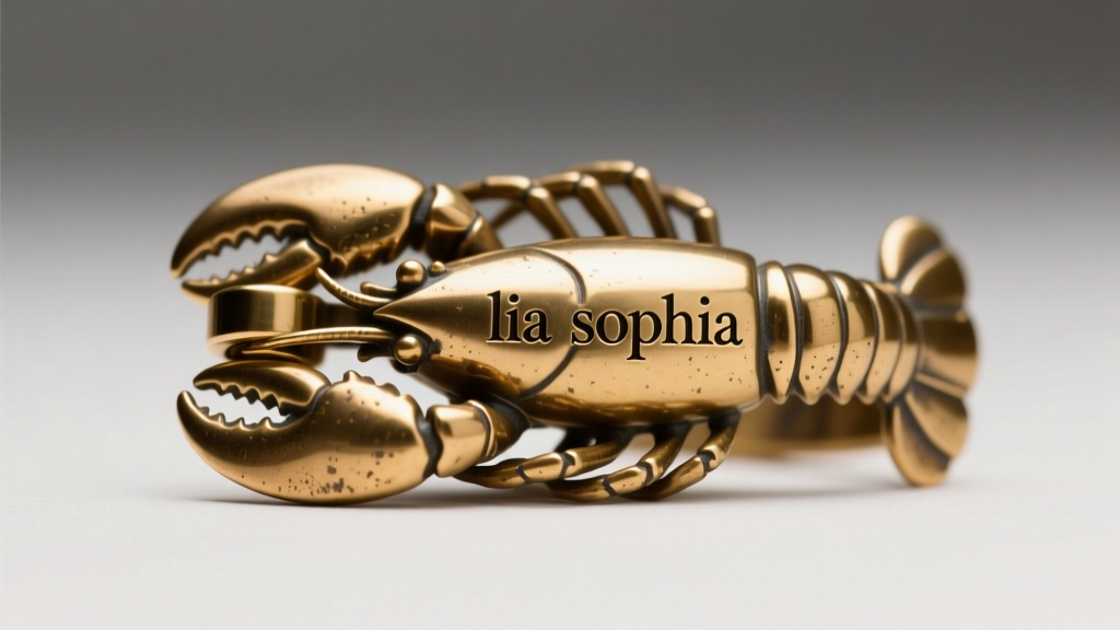 Macro close-up of a vintage brass lobster clasp stamped with the lowercase lia sophia hallmark under bright, focused studio light.
