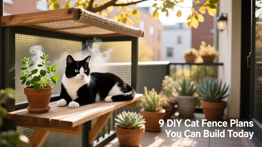 Cat relaxing on a FurPetVo balcony catio with mesh walls, shaded perch, and potted catmint