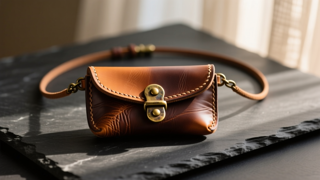 Handcrafted vegetable-tanned leather medicine pouch necklace resting on dark slate surface under soft, warm directional lighting.