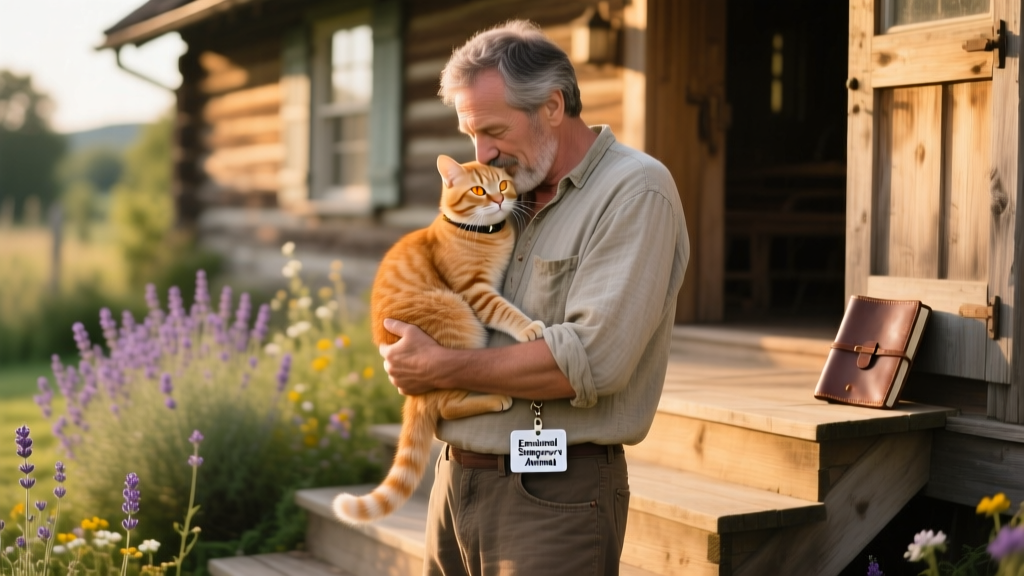 A man standing outside while gently cuddling and kissing the head of a ginger cat