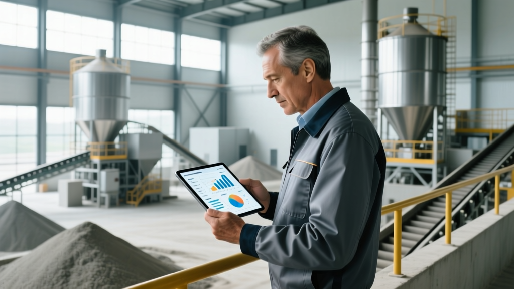 Structural engineer reviewing abstract performance-based concrete mix specifications on a tablet at a commercial batch plant