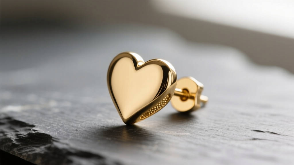 Macro shot of a 14k gold heart earring on slate, highlighting the soldered post joint and sharp bottom point under soft lighting.