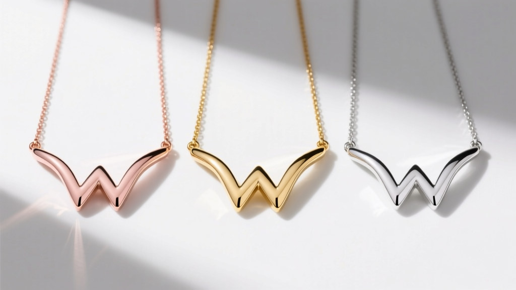 Overhead view of three W initial necklaces in rose vermeil, gold plate, and solid white gold arranged for a material comparison.